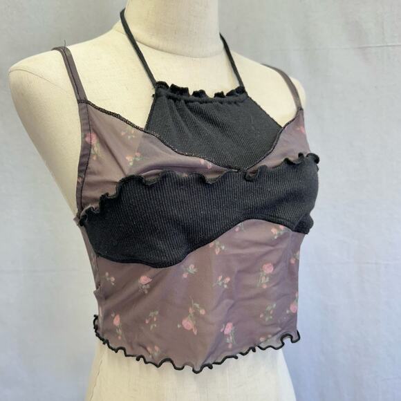 Urban Outfitters Layered Cropped Cami Mesh Floral Print Ribbed Panel Size Medium - Picture 5 of 16